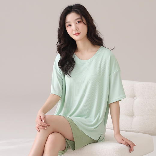 自然醒朝云（带胸垫）一体睡衣女夏季冰丝螺纹短袖短裤纯色简约慵懒风家居服套装QH 商品图7