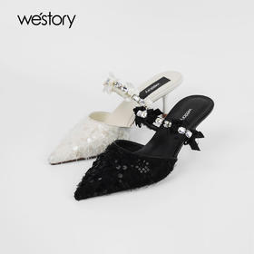 Westory夏季玛丽珍带装点方形玻璃钻与玫瑰蝴蝶立体花饰中跟穆勒拖尖头包头W25AH59521