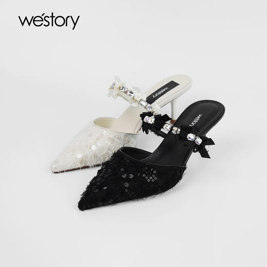Westory夏季玛丽珍带装点方形玻璃钻与玫瑰蝴蝶立体花饰中跟穆勒拖尖头包头W25AH59521 商品图0