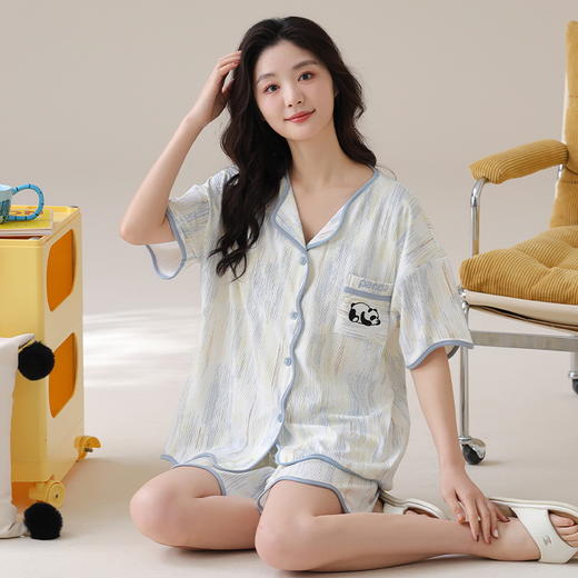自然醒香韵冰丝睡衣女夏季（带胸垫）开衫短袖短裤套装女家居服可外穿QH 商品图9
