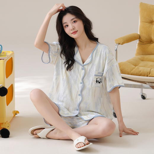 自然醒香韵冰丝睡衣女夏季（带胸垫）开衫短袖短裤套装女家居服可外穿QH 商品图14
