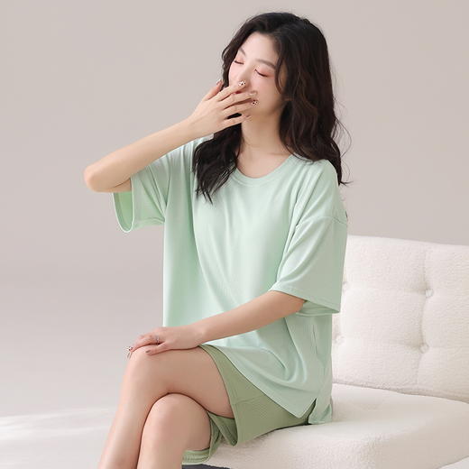 自然醒朝云（带胸垫）一体睡衣女夏季冰丝螺纹短袖短裤纯色简约慵懒风家居服套装QH 商品图10