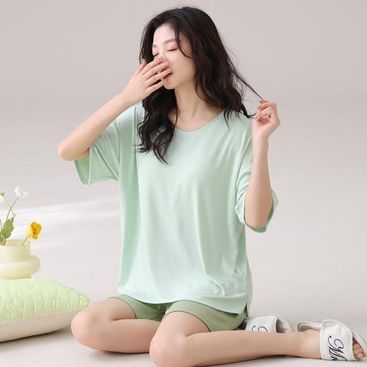 自然醒朝云（带胸垫）一体睡衣女夏季冰丝螺纹短袖短裤纯色简约慵懒风家居服套装QH 商品图11