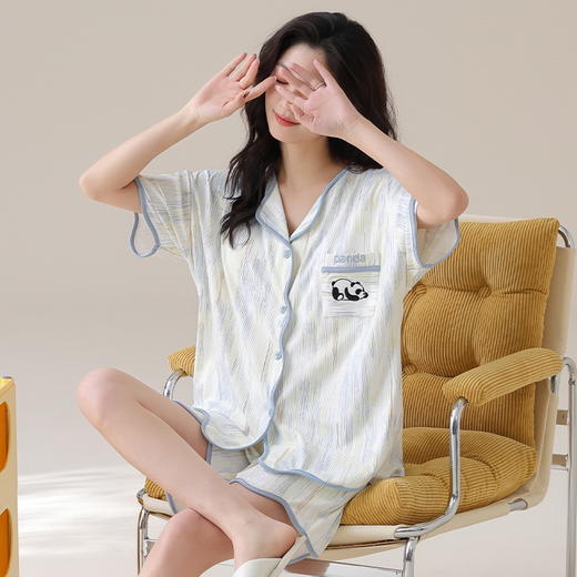 自然醒香韵冰丝睡衣女夏季（带胸垫）开衫短袖短裤套装女家居服可外穿QH 商品图6