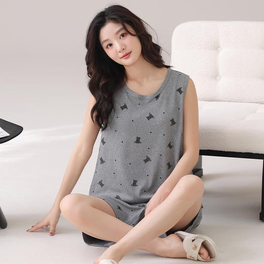 自然醒墨晨睡衣女夏季冰丝（带胸垫）背心短裤无袖薄款女生套头家居服套装QH 商品图12