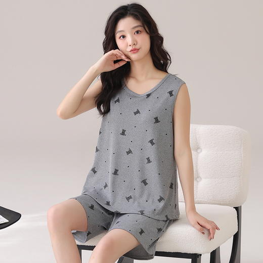 自然醒墨晨睡衣女夏季冰丝（带胸垫）背心短裤无袖薄款女生套头家居服套装QH 商品图4