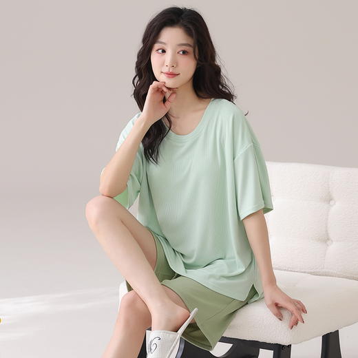 自然醒朝云（带胸垫）一体睡衣女夏季冰丝螺纹短袖短裤纯色简约慵懒风家居服套装QH 商品图5