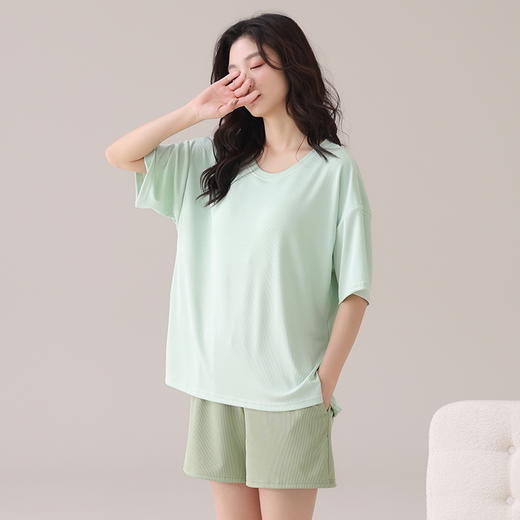自然醒朝云（带胸垫）一体睡衣女夏季冰丝螺纹短袖短裤纯色简约慵懒风家居服套装QH 商品图3