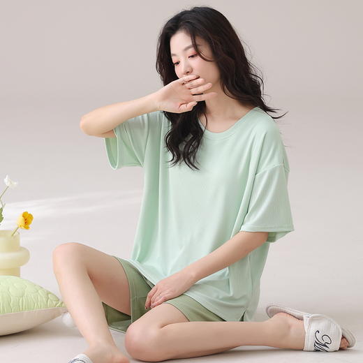 自然醒朝云（带胸垫）一体睡衣女夏季冰丝螺纹短袖短裤纯色简约慵懒风家居服套装QH 商品图12