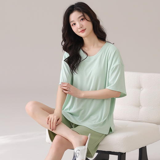 自然醒朝云（带胸垫）一体睡衣女夏季冰丝螺纹短袖短裤纯色简约慵懒风家居服套装QH 商品图6