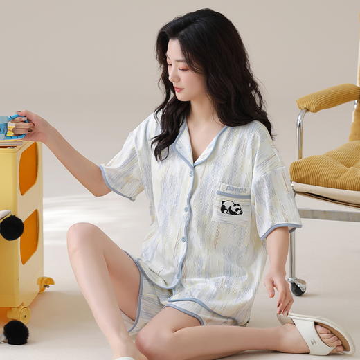 自然醒香韵冰丝睡衣女夏季（带胸垫）开衫短袖短裤套装女家居服可外穿QH 商品图11
