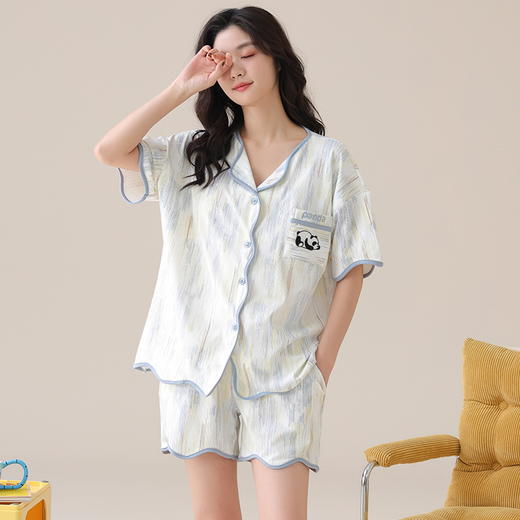自然醒香韵冰丝睡衣女夏季（带胸垫）开衫短袖短裤套装女家居服可外穿QH 商品图3