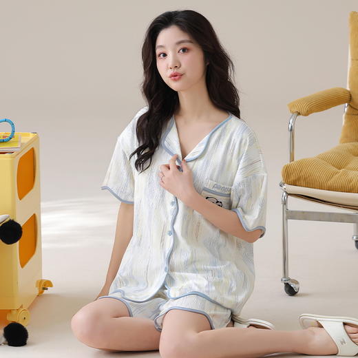 自然醒香韵冰丝睡衣女夏季（带胸垫）开衫短袖短裤套装女家居服可外穿QH 商品图10