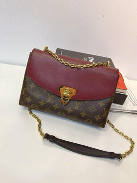 LV 酒红色 老花拼皮 Saint placide 链条包
