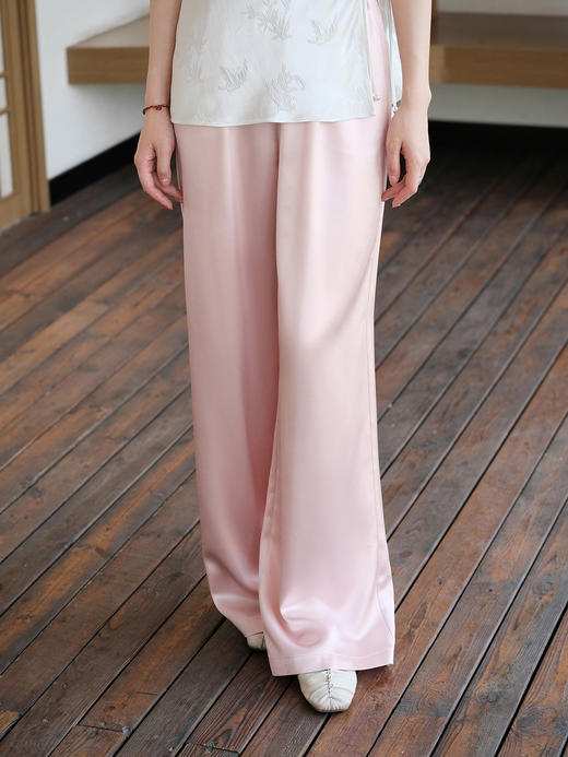 盛唐婧| 极简缎光松紧腰阔腿裤-粉色 商品图2
