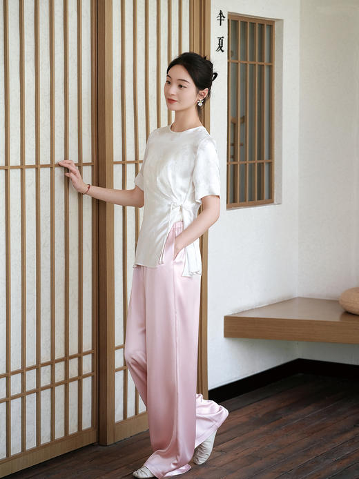 盛唐婧| 极简缎光松紧腰阔腿裤-粉色 商品图5