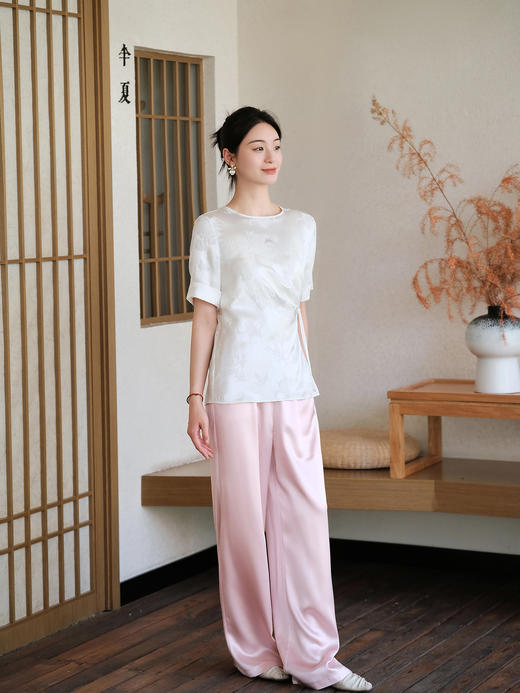 盛唐婧| 极简缎光松紧腰阔腿裤-粉色 商品图0