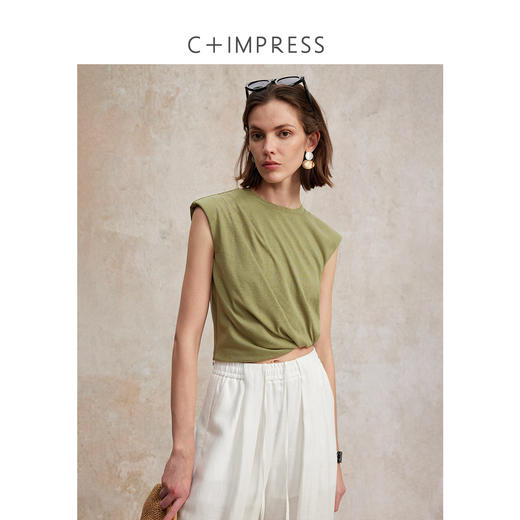 亚麻棉宽肩无袖扭结短款T恤T2502037 商品图0