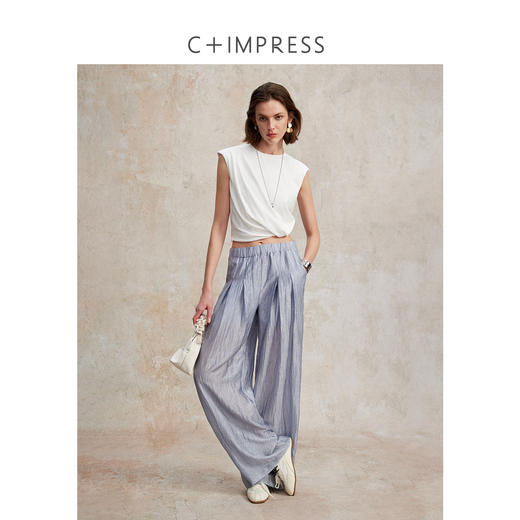 亚麻棉宽肩无袖扭结短款T恤T2502037 商品图3