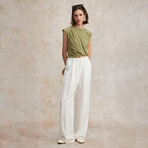 亚麻棉宽肩无袖扭结短款T恤T2502037 商品图2