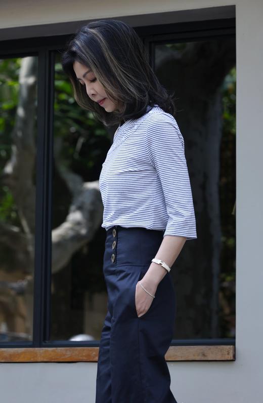 TYNVIE 海军蓝高腰纽扣细节阔腿裤 商品图6