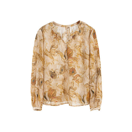 绽放旅行女装233朵/桑蚕丝棉皱感印花立领系带正常肩长袖衬衫上衣 商品图4