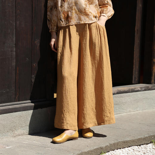 绽放女装236朵/纯亚麻色织绉布半腰松紧系扣脚口花边收口九分裤女 商品图0