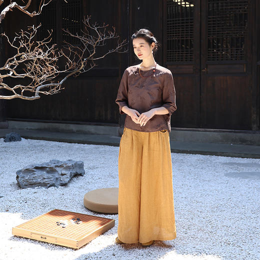 绽放旅行女装228朵/亚麻天丝提花新中式圆领斜襟连身七分袖衬衫女 商品图2