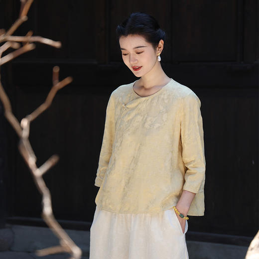 绽放旅行女装228朵/亚麻天丝提花新中式圆领斜襟连身七分袖衬衫女 商品图0