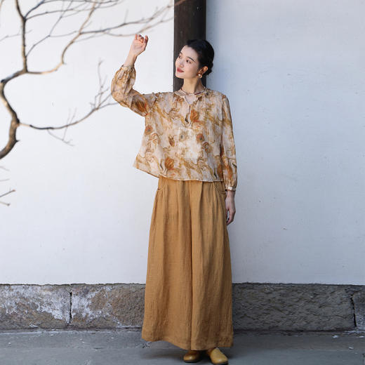 绽放女装236朵/纯亚麻色织绉布半腰松紧系扣脚口花边收口九分裤女 商品图1