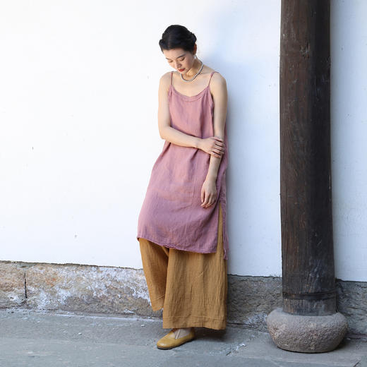 绽放女装236朵/纯亚麻色织绉布半腰松紧系扣脚口花边收口九分裤女 商品图2