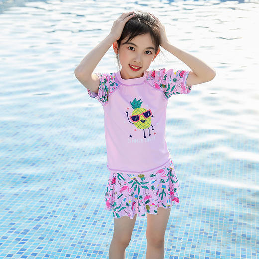 【女童泳衣，时尚分体裙式设计！】女童泳衣儿童分体裙式游泳衣 中大童女孩保守平角 速干防晒小童套装-QQ 商品图2