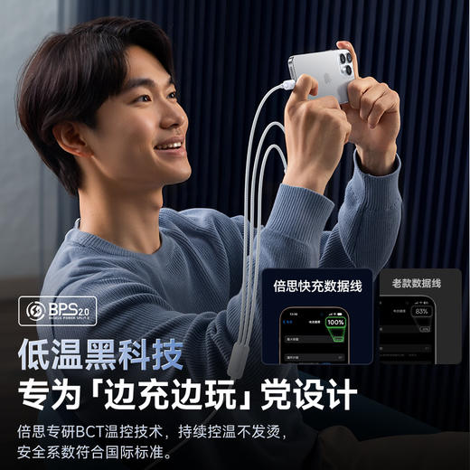 【69元3件】倍思 开元系列 快充充电线 Type-C to C+C+L 60W 1.1m 商品图5