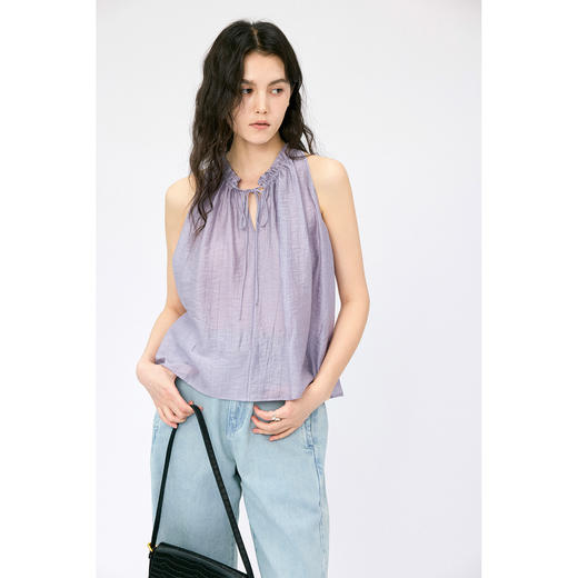 HeyDress紫色天丝套装女夏季花边领挂脖上衣高腰飘逸度假风半身裙 商品图3