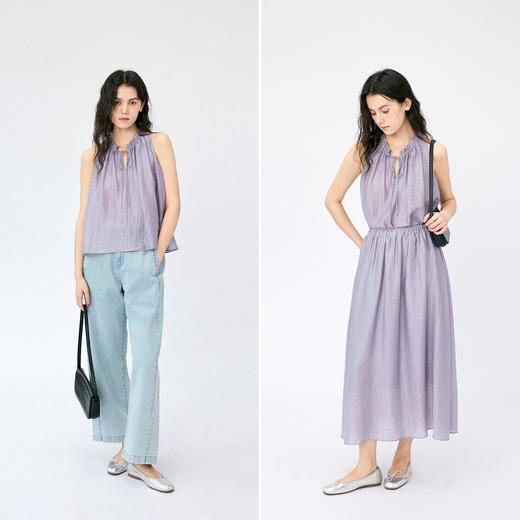 HeyDress紫色天丝套装女夏季花边领挂脖上衣高腰飘逸度假风半身裙 商品图2