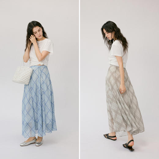 （小眠专属）HeyDress法式格纹气质套装女夏季荡领花边上衣高腰立体斜裁半身裙 商品图3