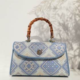 壮锦-蓝色凤凰花纹竹节手提斜挎包