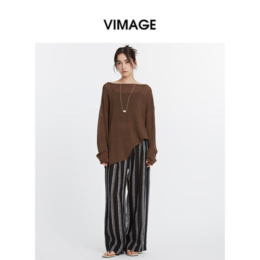 VIMAGE纬漫纪复古老钱风垂坠百搭宽松时尚条纹阔腿裤夏季新款V2305943 商品图1