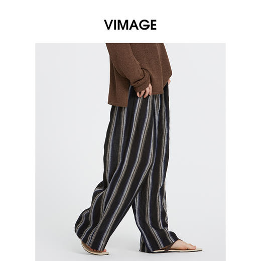 VIMAGE纬漫纪复古老钱风垂坠百搭宽松时尚条纹阔腿裤夏季新款V2305943 商品图3