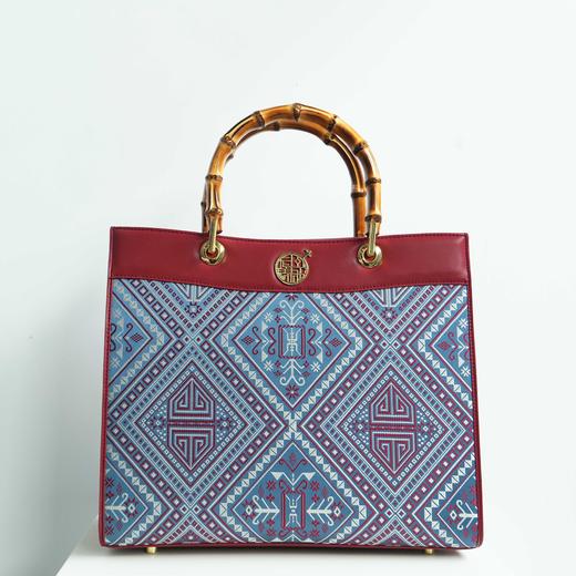 壮锦-酒红色万寿纹竹节手提大包 商品图0