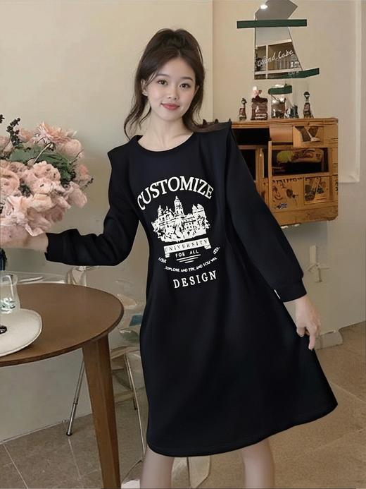 【诗铭洛可】W914 印花卫衣裙长袖压褶连衣裙 商品图1