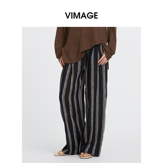 VIMAGE纬漫纪复古老钱风垂坠百搭宽松时尚条纹阔腿裤夏季新款V2305943 商品图2