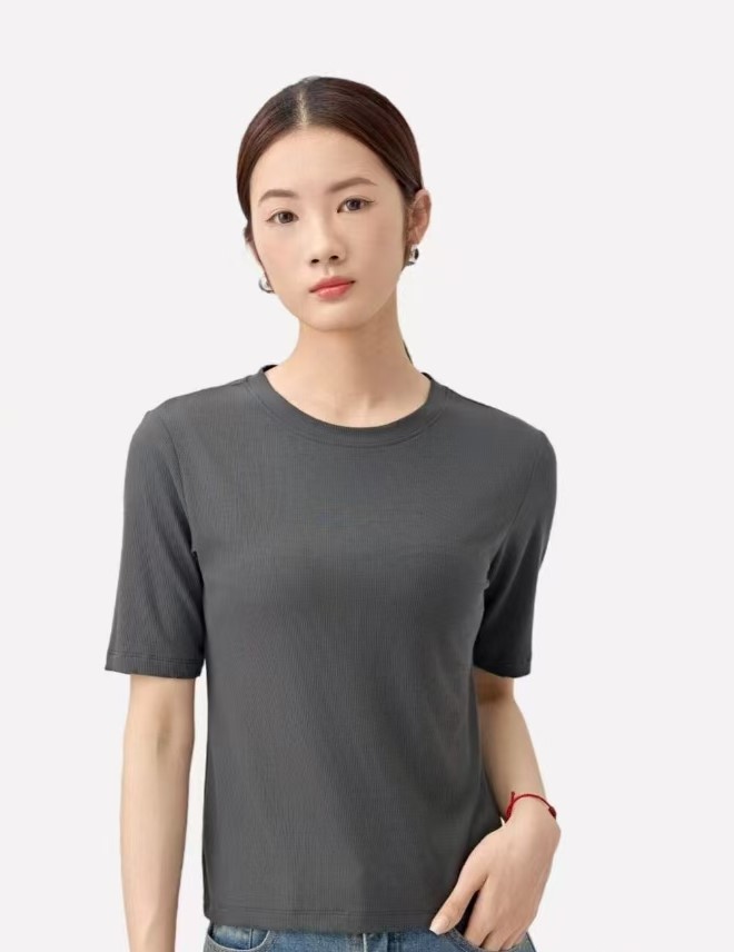 FF竹纤维女士简约圆领螺纹五分袖8070