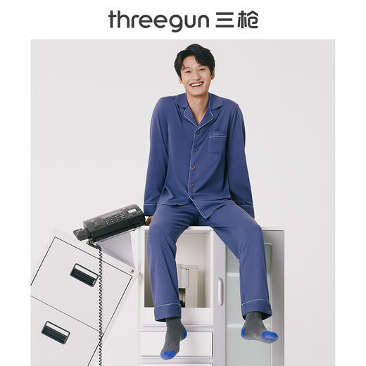 Threegun三枪 【水柔棉】翻领开襟长袖长裤男士家居套家居服-81915D011 商品图4