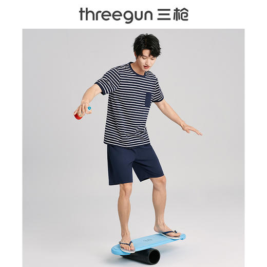 Threegun三枪 【水柔棉】彩条圆领短袖短裤男士家居套家居服-82055D011 商品图3