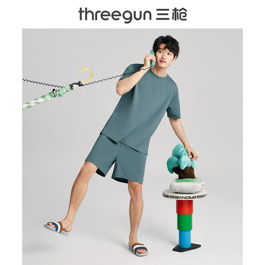 Threegun三枪 【水柔棉】圆领短袖短裤男士家居套家居服-82061D011 商品图1