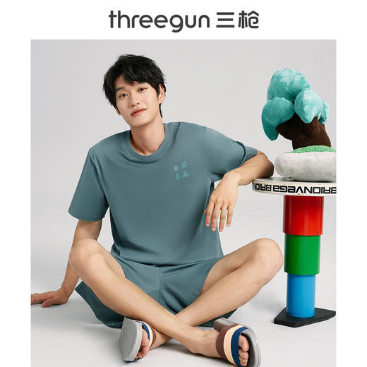 Threegun三枪 【水柔棉】圆领短袖短裤男士家居套家居服-82061D011 商品图2