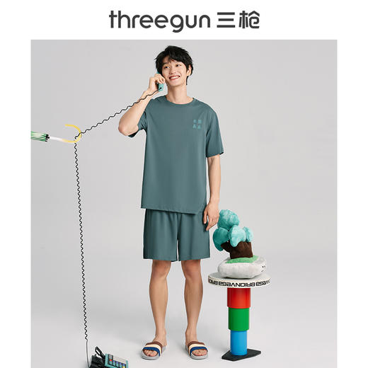 Threegun三枪 【水柔棉】圆领短袖短裤男士家居套家居服-82061D011 商品图0
