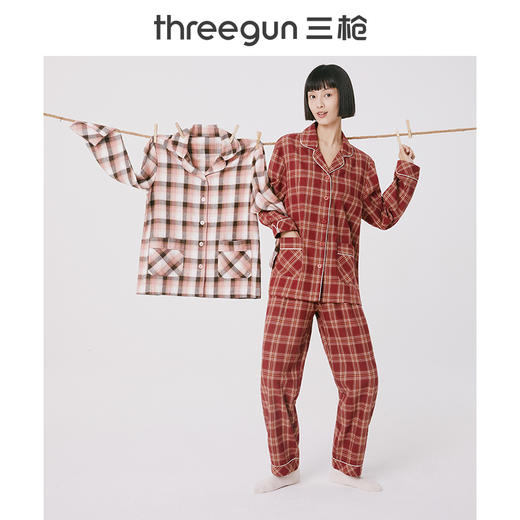 Threegun三枪 【彩格绒布】翻领开襟女士休闲家居套家居服-80518D311 商品图4