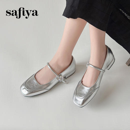 Safiya/索菲娅2025法式方头钻扣时尚低跟浅口银色玛丽珍单鞋SFD3111415 商品图10